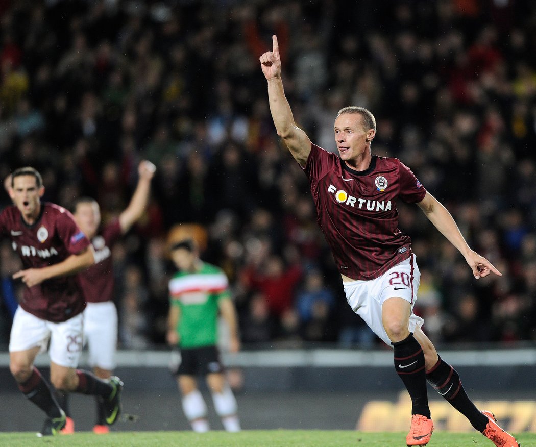 Obránce Sparty Tomáš Zápotočný se raduje. Nastoupil v základní sestavě Sparty a gólem pomohl k výhře Letenských v Evropské lize nad Bilbaem 3:1