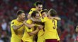 Fotbalisté Sparty se radují z vítězného gólu Matěje Pulkraba proti Hapoelu Beer Ševa v Evropské lize