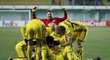 Fotbalisté Šeriffu Tiraspol se radují ze vstřelené branky v utkání proti Zlínu