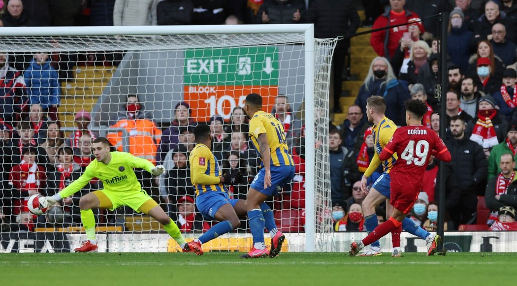 Slovenský brankář Shrewsbury Marko Maroši v utkání FA Cupu proti Liverpoolu