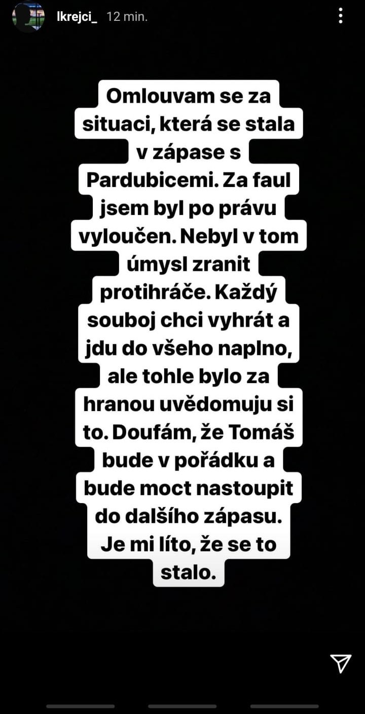 Ladislav Krejčí se za svůj faul omluvil na Instagramu