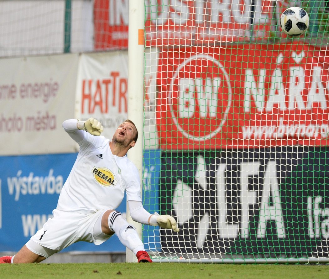 Brankář Bohemians Roman Valeš nestačil na gólovou střelu Ondřeje Šašinky zareagovat