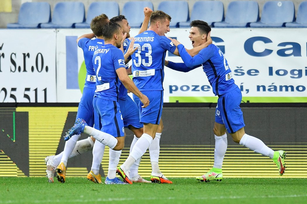 Gólová radost fotbalistů Liberce, kteří porazili Mladou Boleslav a připsali si první výhru v sezoně