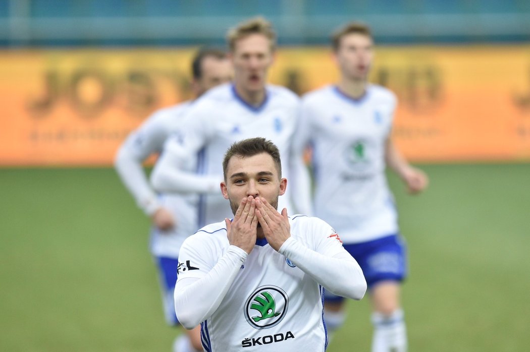 Tomáš Ladra z Mladé Boleslavi se raduje z gólu proti Olomouci
