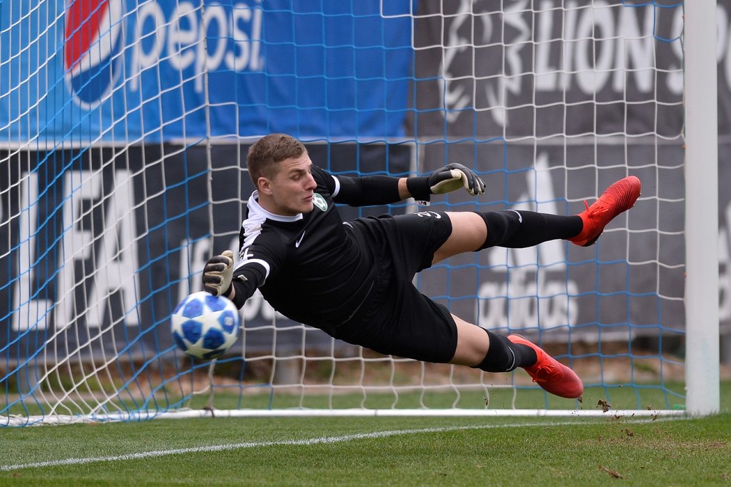 Brankář Příbrami Ondřej Kočí chytá penaltu.