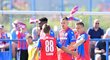 Rafiu Durosinmi, Adam Vlkanova, Roman Květ a Jan Kopic se radují z gólu v zápase s Táborskem