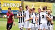 Fotbalisté Českých Budějovic se radují z druhé branky v přípravném utkání proti Spartě, kterou vstřelil Lukáš Pouček