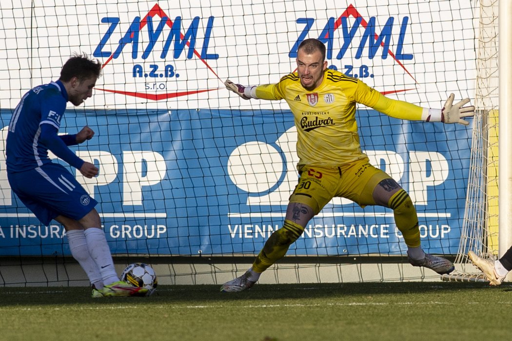 Brankář Dynama Martin Janáček se připravuje na zákrok proti střele libereckého Christiána Frýdka