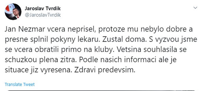 Tweet Jaroslava Tvrdíka, který naznačil, že fotbalová liga se o víkendu hrát nebude