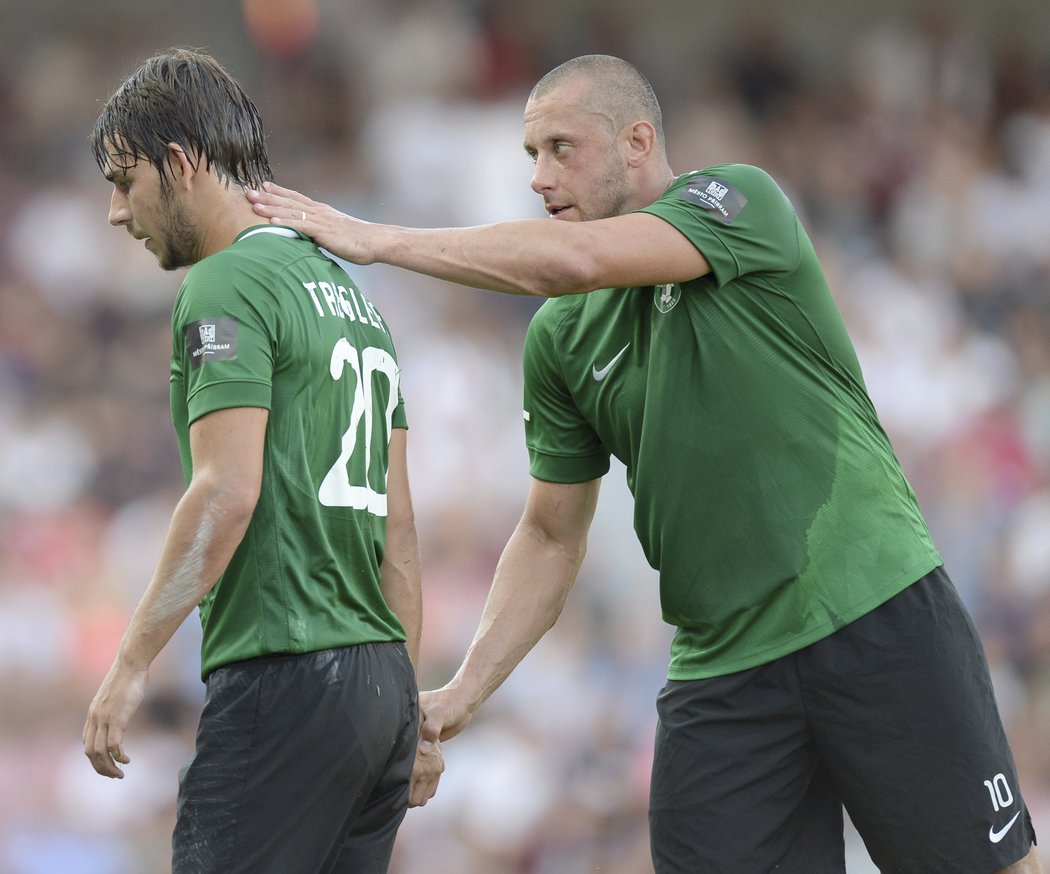 Miroslav Slepička uklidňuje vyloučeného Jaroslava Treglera