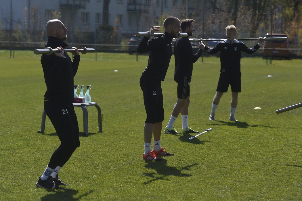 Marek Janečka, Martin Šindelář, Marek Hanousek, Michal Petráň na tréninku Karviné