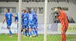 Hráči Plzně slaví gól proti Liberci, v brance překonaný Milan Knobloch