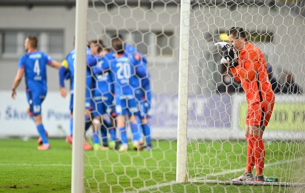 Hráči Plzně slaví gól proti Liberci, v brance překonaný Milan Knobloch