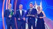 Zleva: Talent roku 2018 David Lischka, Trenér roku 2018 Pavel Vrba, Fotbalista roku 2018 Tomáš Vaclík a Fotbalistka roku Kateřina Svitková