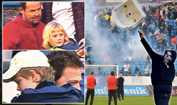 Vyděšené děti na tribuně, kde probíhala válka hooligans s policií Vyděšené děti na tribuně, kde probíhala válka hooligans s policií