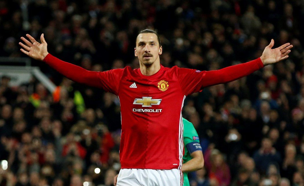 Zlatan Ibrahimovič v dresu Manchesteru United slaví gól v Evropské lize