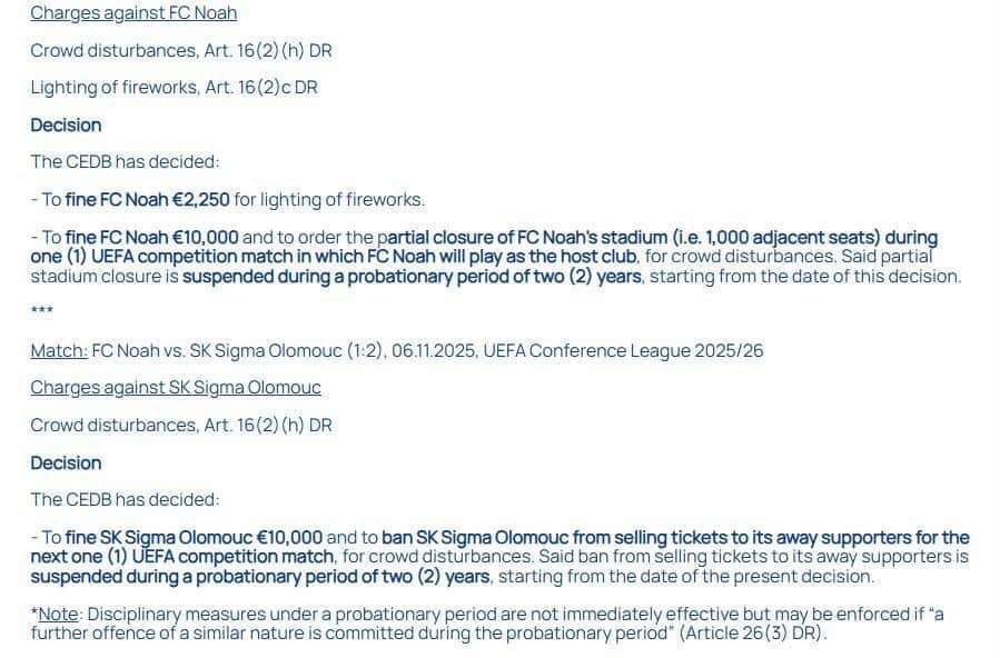 Vysvětlení trestu pro fotbalovou Olomouc za konflikt na tribuně při utkání Konferenční ligy v Jerevanu Vysvětlení trestu pro fotbalovou Olomouc za konflikt na tribuně při utkání Konferenční ligy v Jerevanu