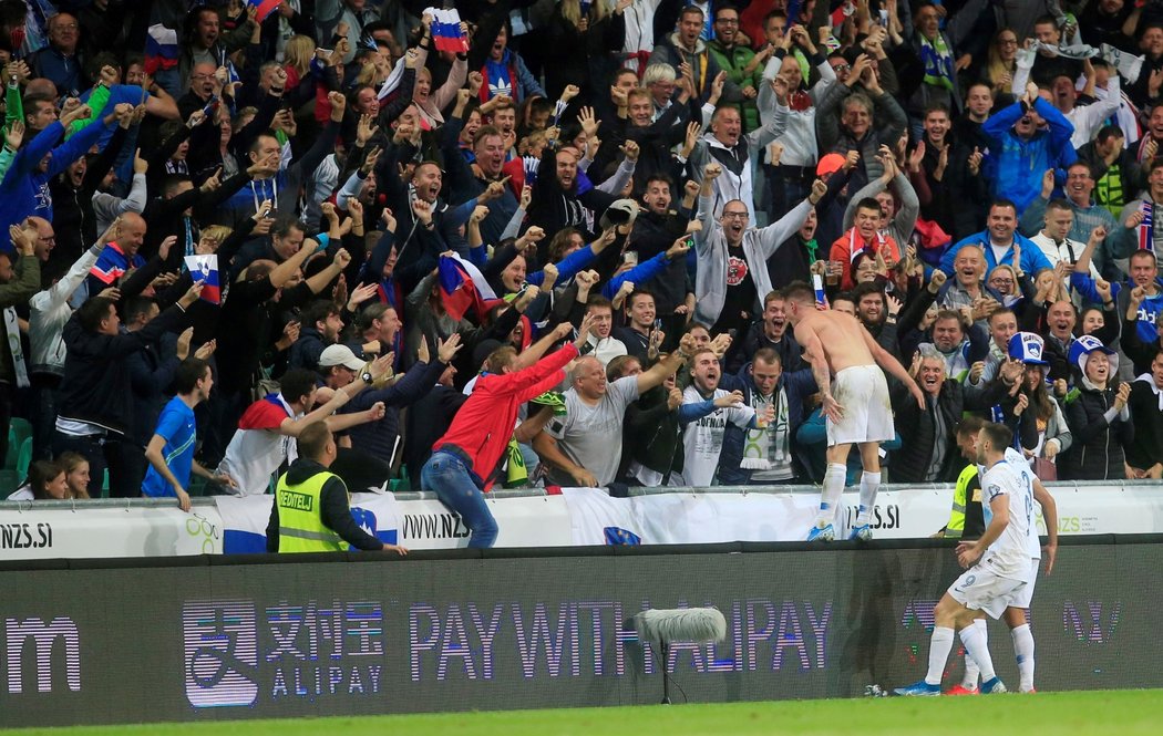 Slovinec Benjamin Verbič oslavuje s fanoušky třetí branku zápasu proti Izraeli