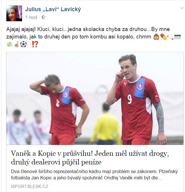 Imaginární seriálový hrdina Julius Lavický komentuje na svém facebookovém profilu skandál fotbalistů Kopice a Vaňka.