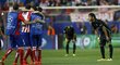 Barcelonský Neymar sleduje radost fotbalistů Atlétika, kteří postoupili do semifinále Ligy mistrů