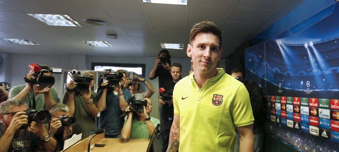 Lionel Messi na tiskové konferenci před semifinále Ligy mistrů s Bayernem Mnichov