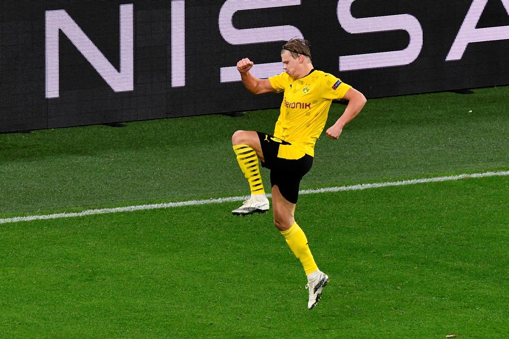 Norský útočník Borussie Dortmund Erling Haaland v utkání proti Bruggám, kde vstřelil dvě branky během prvního poločasu