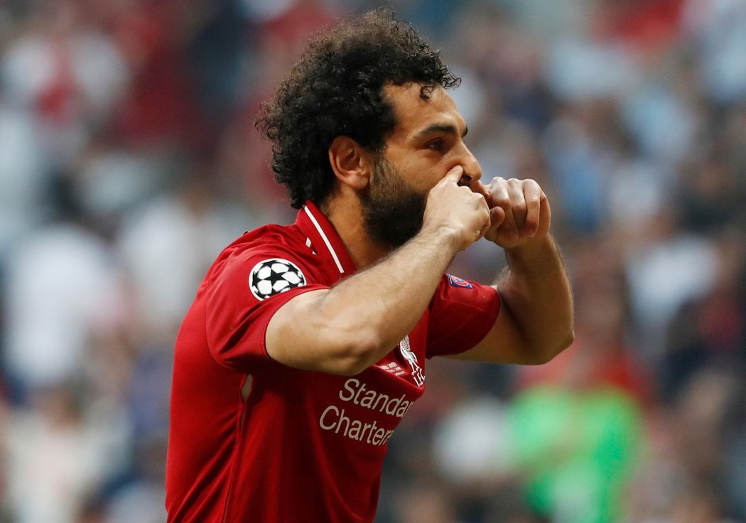 Mohamed Salah se raduje ze vstřelené branky ve finále Ligy mistrů