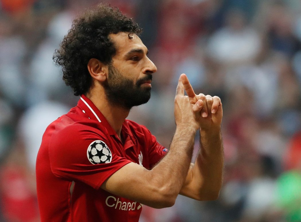 Mohamed Salah se raduje ze vstřelené branky ve finále Ligy mistrů