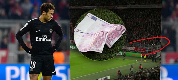 Fanoušci Bayernu Mnichov provokovali brazilského útočníka PSG Neymara. Vhozenými bankovkami na hřiště mu připomněli, kolik stál jeho přestup peněz