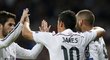 Radost fotbalistů Realu Madrid po úvodní brance utkání proti Liverpoolu