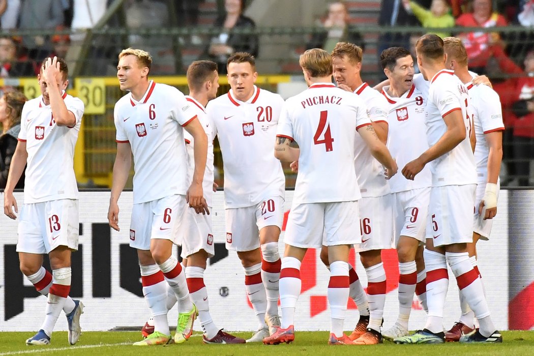 Fotbalisté Polska slaví gól proti Belgii