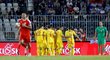 Rumunský tým oslavuje vstřelenou branku Nicolae Stanciua v zápase se Srbskem