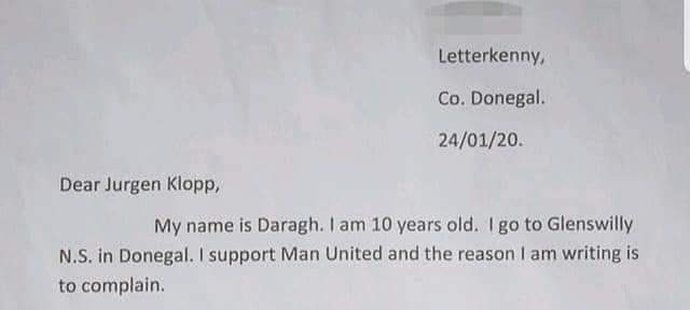 Dopis desetiletého fanouška Manchesteru United Daragha Curleyho adresovaný trenérovi Liverpoolu Jürgenu Kloppovi