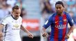 Karel Poborský se snaží uniknout legendárnímu Ronaldinhovi v dresu Barcelony
