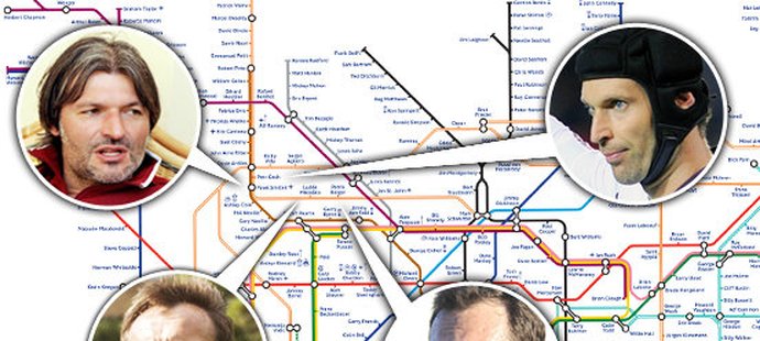 Na speciální plánek londýnského metra se dostali čtyři čeští fotbalisté - Pavel Srníček, Petr Čech, Luděk Mikloško a Patrik Berger