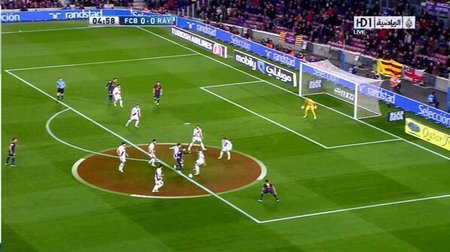 Situace ze zápasu Barcelony s Vallecanem, kde Messiho v jeden moment hlídalo sedm hráčů