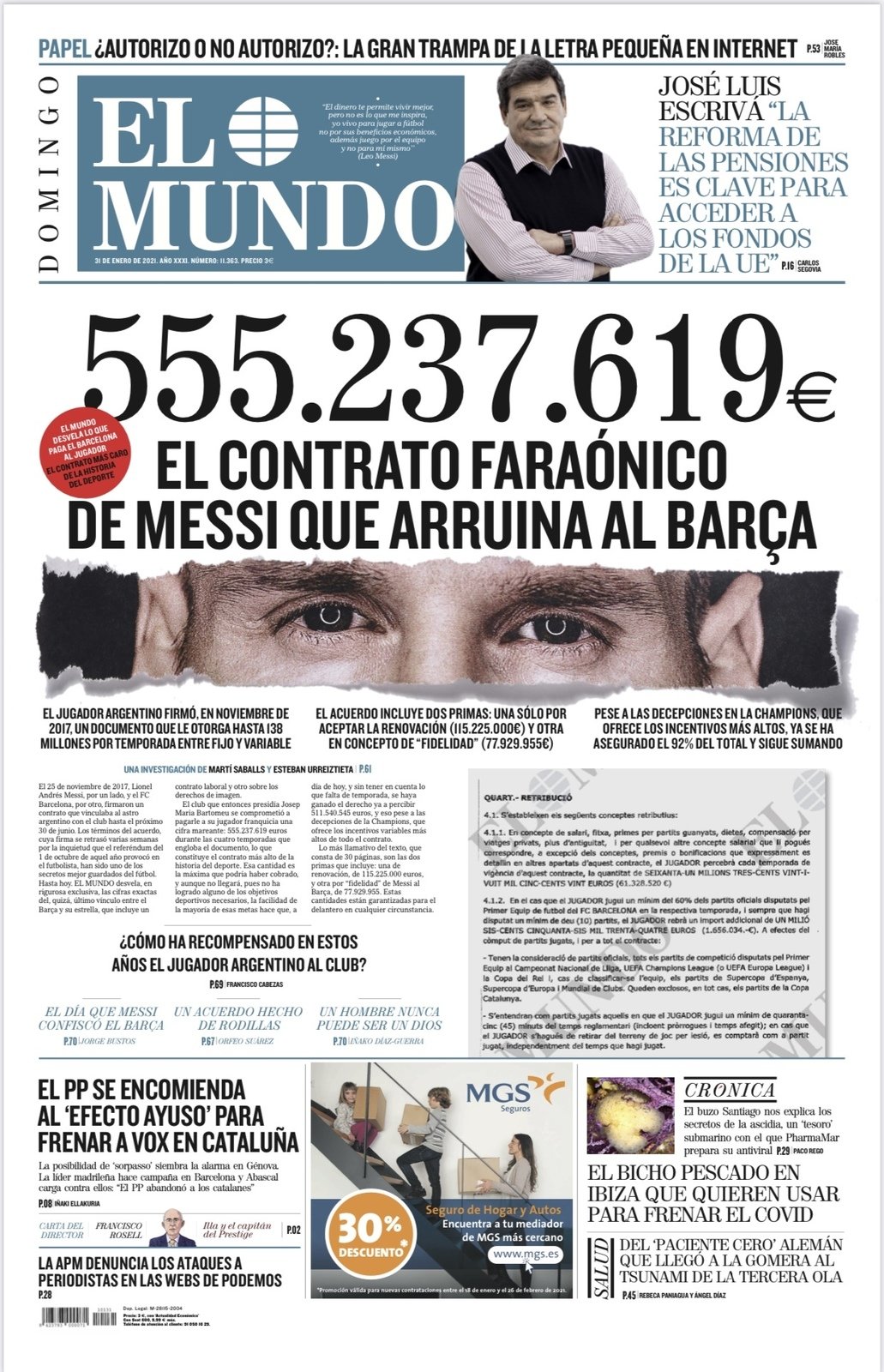 Obálka nedělního čísla deníku El Mundo