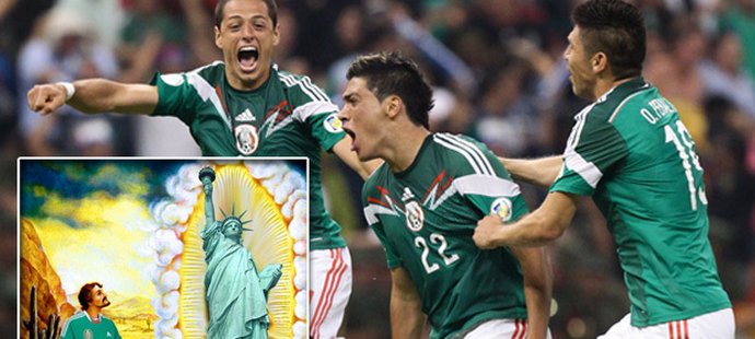 Mexičtí fotbalisté slaví postup do baráže o MS a děkují za něj Americe. Vtipná koláž se objevila na Twitteru