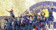 Radost francouzských fotbalistů po výhře na mistrovství světa v Rusku ve finále nad Chorvatskem