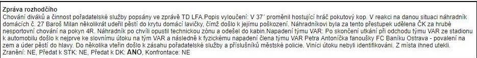 Rozhodčí finále MOL Cupu Petr Ardeleanu v zápise o utkání uvedl, že fanoušci Baníku napadli člena týmu VAR