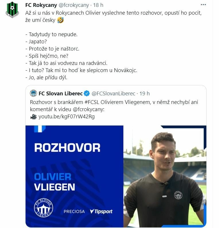 Belgický brankář Olivier Vliegen se stal také terčem vtípků od FC Rokycany