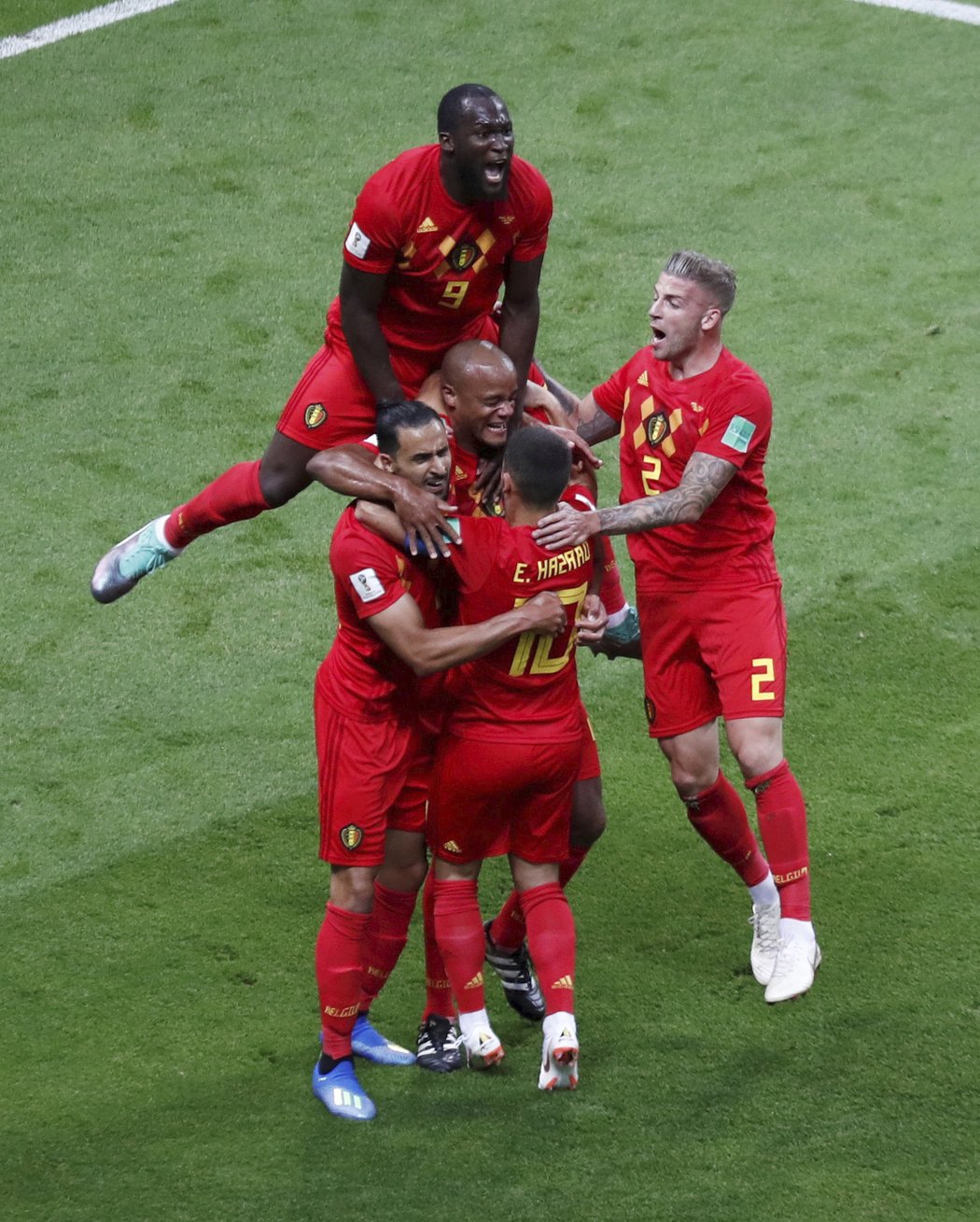 Belgie slaví gól do branky Brazílie