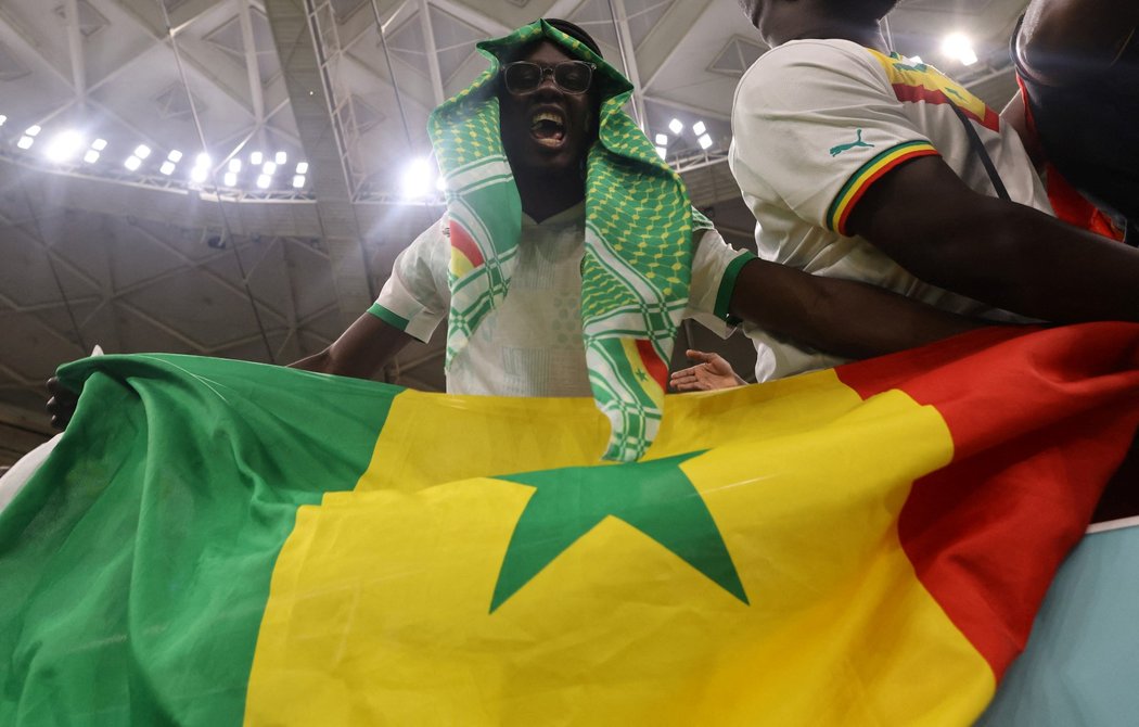Senegalští fanoušci v euforii během zápasu s Katarem