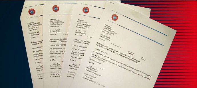 Formuláře od dopingových komisařů UEFA s negativními výsledky kontrolovaných plzeňských hráčů