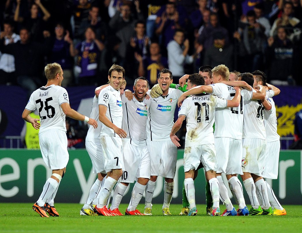 Plzeňská radost po vyhraném zápase v Mariboru