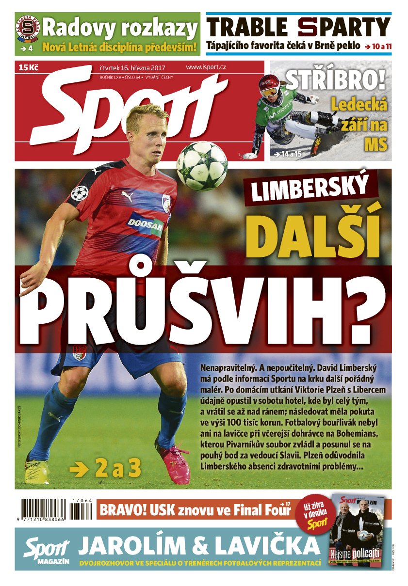 Titulní stránka deníku Sport 16.3. 2017