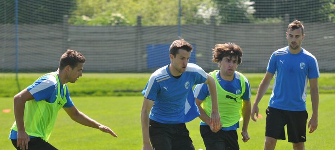 První trénink plzeňských fotbalistů po zahájení letní přípravy. Uprostřed ve žlutém tílku bosenský záložník Mladen Veselinovič