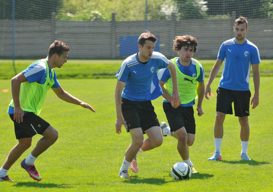 První trénink plzeňských fotbalistů po zahájení letní přípravy. Uprostřed ve žlutém tílku bosenský záložník Mladen Veselinovič
