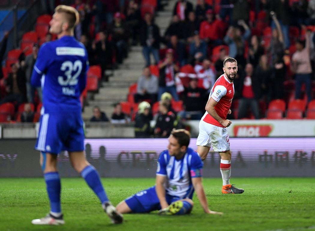 Josef Hušbauer se raduje z gólu do sítě Mladé Boleslavi v semifinále poháru