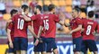 Čeští fotbalisté slaví gól Patrika Schicka v generálce proti Albánii
